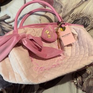 Juicy Couture Pink Quilted Velvet Tote with Bow & Gold Charm